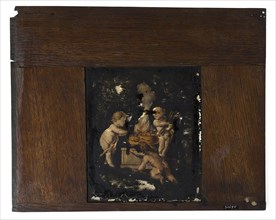 Hand-painted glass shelf in wooden frame for lighting cabinet, depicting three children with fire pot, slideshelf slideshoot