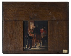 Hand-painted glass plate in wooden frame for illumination cabinet, depicting two men, boy and paper, slide slide slideshoot
