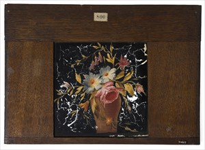 Hand-painted glass plate in wooden frame for lighting cabinet, image vase with flowers, slideshelf slideshoot images glass paint