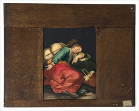 Hand-painted glass plate in wooden frame for illumination cabinet, image sleeping woman with luggage, slide plate slideshoot