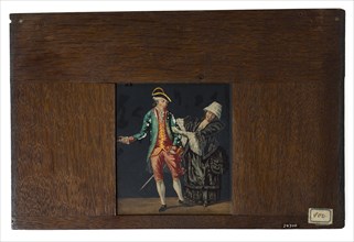 Hand-painted glass plate in wooden frame for illumination cabinet, image man with epee and woman in black dress, slideshelf