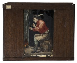 Hand-painted glass plate in wooden frame for illumination cabinet, illustration man with pipe on barrel, slide plate diapositive
