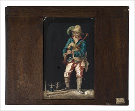 Hand-painted glass plate in wooden frame for illumination cabinet, image bagpipe player with dancing dolls, slideshelf