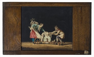 Hand-painted glass plate in wooden frame for illumination cabinet, image two devils, clown and sharpening stone, slide plate