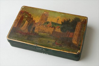 Iron tobacco box, painted with the Kolk in Rotterdam, tobacco box holder iron base metal metal lacquer, Tobacco box Elongated