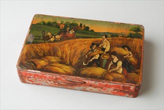 Iron tobacco box, painted with landscape and harvesting farmers, tobacco box holder iron base metal metal lacquer, Tobacco box