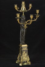 Bronze candelabrum in empire style with Egyptian figure, candleholder lighting device bronze gold metal, cast bronze candelabrum