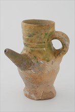 Suction jug or small jug with spout, yellow shard, mottled green glazed, bottle jug holder soil find ceramic stoneware lead