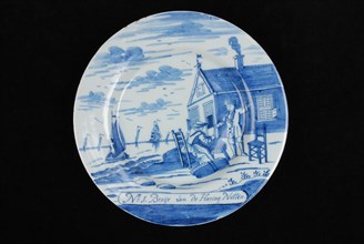 Manufacturer: De Porceleyne Bijl, Series of twelve plates with blue herring industry scenes: No 1. Braije van de Haring Netten