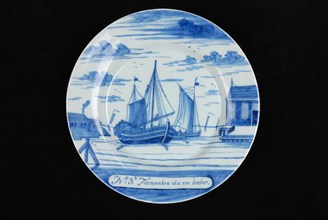 Manufacturer: De Porceleyne Bijl, Series of twelve plates with blue herring industry scenes: No 3. The making of corner, plate
