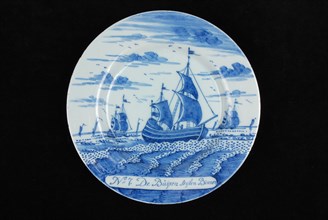 Manufacturer: De Porceleyne Bijl, Series of twelve plates with blue herring industry scenes: No 7. De Buijsen seylen Binnen