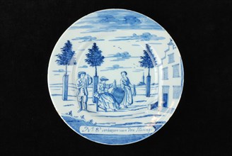Manufacturer: De Porceleyne Bijl, Series of twelve plates with blue herring industry scenes: No. 8. The sale of the Herring