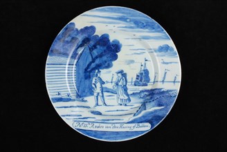 Manufacturer: De Porceleyne Bijl, Series of twelve plates with blue herring industry scenes: No 11. 't Rooken van den Haring