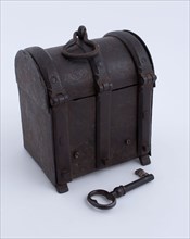 Iron money box with key, bread-shaped, coffin coffin holder metal iron 16.1, w 11.9 forged riveted Iron coffin Small size