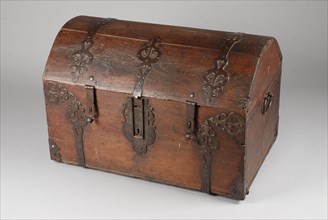 Oak box, coffin cupboard furniture furniture interior design metal oak wood iron, forged oak casket with curved lid. Assembled
