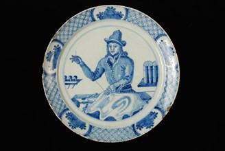 Manufacturer: De Grieksche A (?), Delft blue plate with rim decoration and sailmaker at work, plate crockery holder ceramic