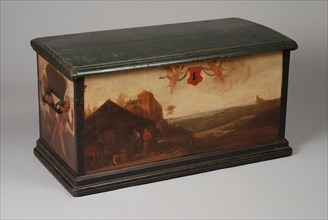Oak painted wooden case of the St. Jansgilde, guild chest archival case guild chest casket cabinet furniture furniture interior