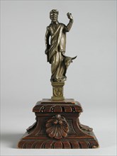 Copper statue of St. Lucas with beef, on wooden stand, wood carving sculpture sculpture wood copper, pedestal) Two identical
