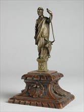 Copper statue of St. Lucas with beef, on wooden stand, wood carving sculpture sculpture wood copper, pedestal) Two identical