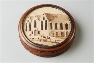 Wooden snuff box with Prinsenkerk statue behind glass, snuffbox holder wood glass paper ink, twisted Wooden snuffbox Disc-shaped