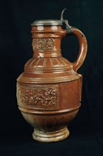 Stoneware jug with embossed peasant dances, farmer's pitcher with tin lid, farmer's pitcher jug crockery holder ceramic