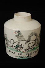 White tea canister with four dogs in black and green and PAS OP KEESE, tea caddy holder ceramic earthenware glaze, baked painted
