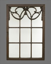 Painted and carved wooden window with nine windows, the top three framed with garlands, window window wood paint, d 3.0