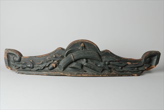 Ornament of farm wagon, with cut bundle of grain, hat and sickle, ornament part wood carving sculpture sculpture wood paint