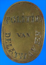 Docking plate police Delfshaven, Rotterdam, buckle fastener part brass, sawn out engraved Slightly irregular oval plate