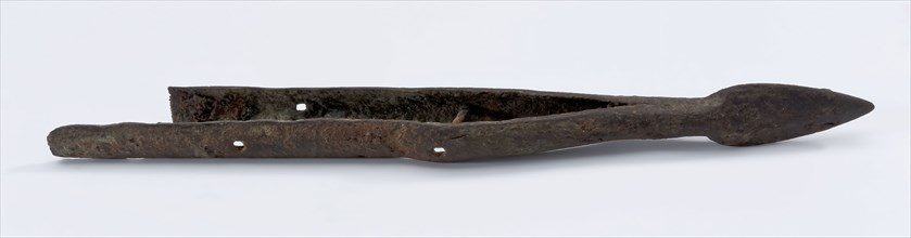 Spearhead, probably from throwing spear, spear lance weapon soil find iron metal, Point of throwing spear with sharp blade tip