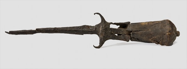 Dagger, dagger knife stab weapon arm foundations wood iron metal, forged Knife with angular and cut in planes towards the knob
