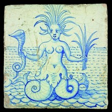 Tile with female seafar in blue, wall tile tile sculpture ceramic earthenware glaze, baked 2x glazed painted Tile with seahorse