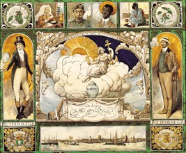 fabriek: Porceleyne Fles, Plaque of Van Nelle, The Rising Hope 1806 - 1906, in frame, plaque ceramic pottery tin glaze, majolica