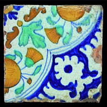 Polychrome tile, orange apples in quarter quad, wall tile tile sculpture ceramics pottery glaze tin glaze lead glaze, in shape