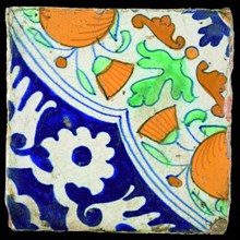 Polychrome tile, orange apples in quarter quad, wall tile tile sculpture ceramics pottery glaze tin glaze lead glaze, in form