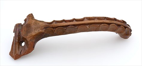 Fragment of earthenware handle, glazed, double wavy edge, handle fragment soil find ceramic earthenware glaze lead glaze, w 6.4