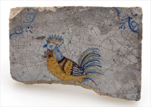 Fragment of tile with polychrome rooster, corner filling: ox-head, wall tile tile visualization earth discovery ceramics