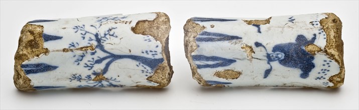 Fragments of faience case, Chinese decor on gray-white background, fragment earth discovery ceramic earthenware glaze tin glaze