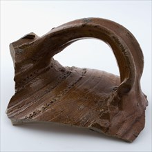 Neck fragment of large stoneware water jug decorated with wheel stamping, water jug holder soil find ceramic stoneware clay