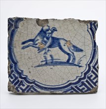 Animal tile, polished tile with hunting dog in circle with meanders, wall tile tile sculpture soil find ceramic earthenware