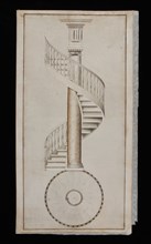 Drawing of spiral staircase, classical column as pivot, drawing footage paper ink watercolor, signed Drawing design drawing