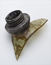 Fragment of part of shoulders, neck and mouth of stock bottle with tin screw closure, storage bottle bottle holder soil find
