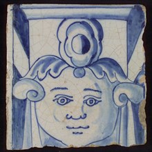 Loose tile from pilaster with decor in blue, face of man or boy, chimney pilaster tile pilaster footage fragment ceramic pottery