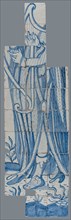 Tile panel in blue with harp player, David?, tile picture material ceramic earthenware glaze, in form made baked glazed painted