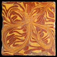 Plavuis, red earthenware, decor in sludge flow technique, tile floor tile tile sculpture ceramic earthenware clay engobe glaze