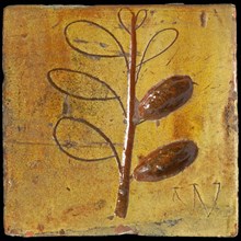 Plavuis or tile, red pottery, with branch and text in sgraffito, floor tile? wall tile? tile sculpture ceramic earthenware clay