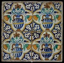 Tile field of four flower pots, boxed, angular palm corner, polychrome, tiled field wall tile tile sculpture ceramics pottery