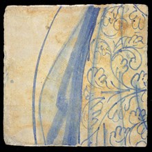 Loose tile from the 'Hoop' tableau with robe in blue, tile picture footage fragment ceramics pottery glaze tin glaze, in shape