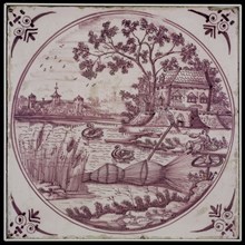 Plaque, river landscape, corner motif ossenkop, plaque tile footage ceramic earthenware enamel, baked 2x painted glazed Plaque