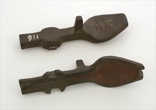 M.K., Two-piece bronze mold for spoon with needle and initials MK, mold casting tool tools kit metal bronze, cast Two